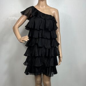 VICKY TIEL Vintage Black Silk One-Shoulder Ruffle Dress Size 2